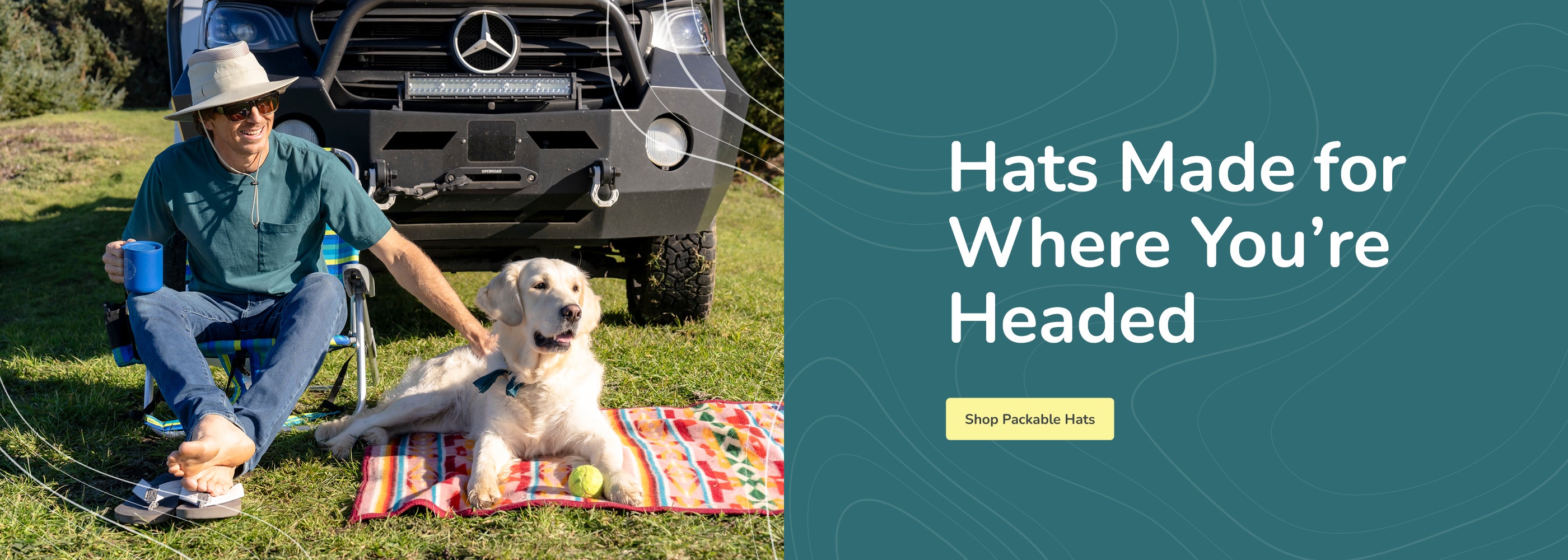 Man sitting on a blanket with a dog in front of a Mercedes-Benz truck, with promotional text 'Hats Made for Where You're Headed' on the side.